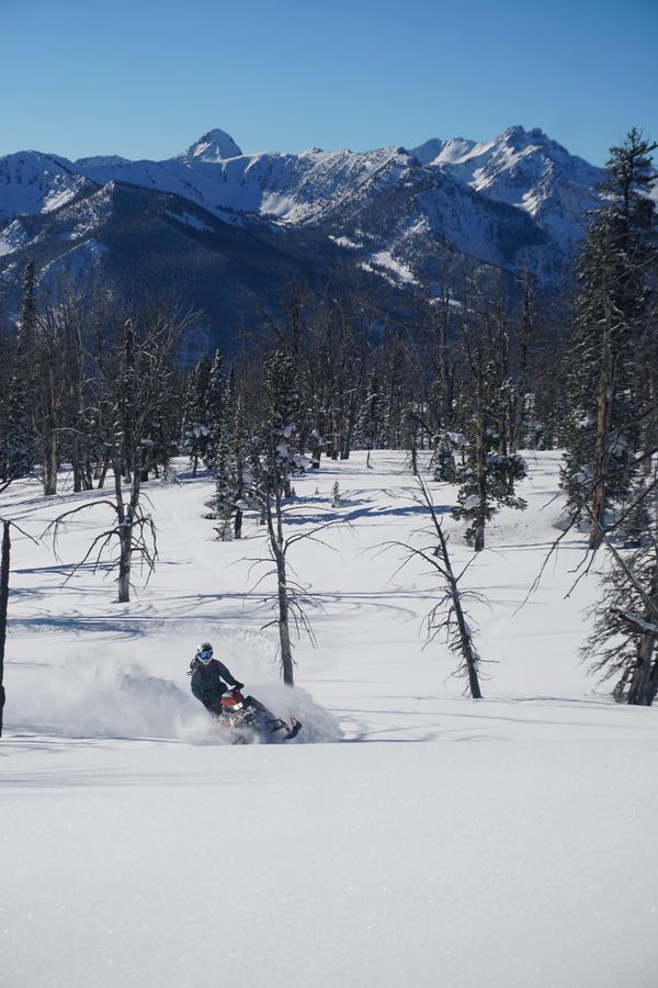 A snowmobiler carving through deep powder below a mountain range