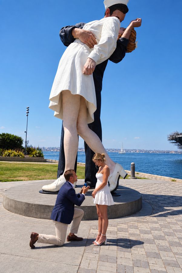 A man on one knee proposing beside a giant sailor-and-nurse statue on the San Diego waterfront