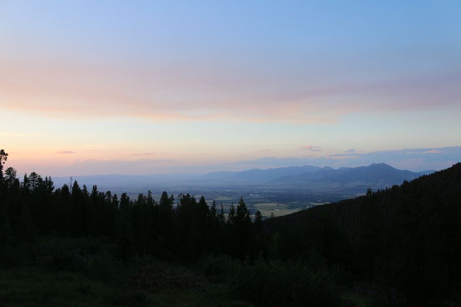The Gallatin Valley and Bridger Range at dusk from the foothills